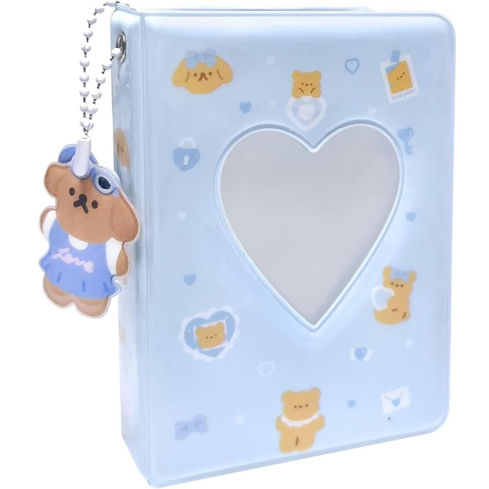 3 Inch Mini Photocard Album Kpop Photocard Binder, Catcan Photo Card Holder Book 40 Pockets with Pendant, Love Heart Hollow Out Photocard Binder for Collecting Picture, Green Bear