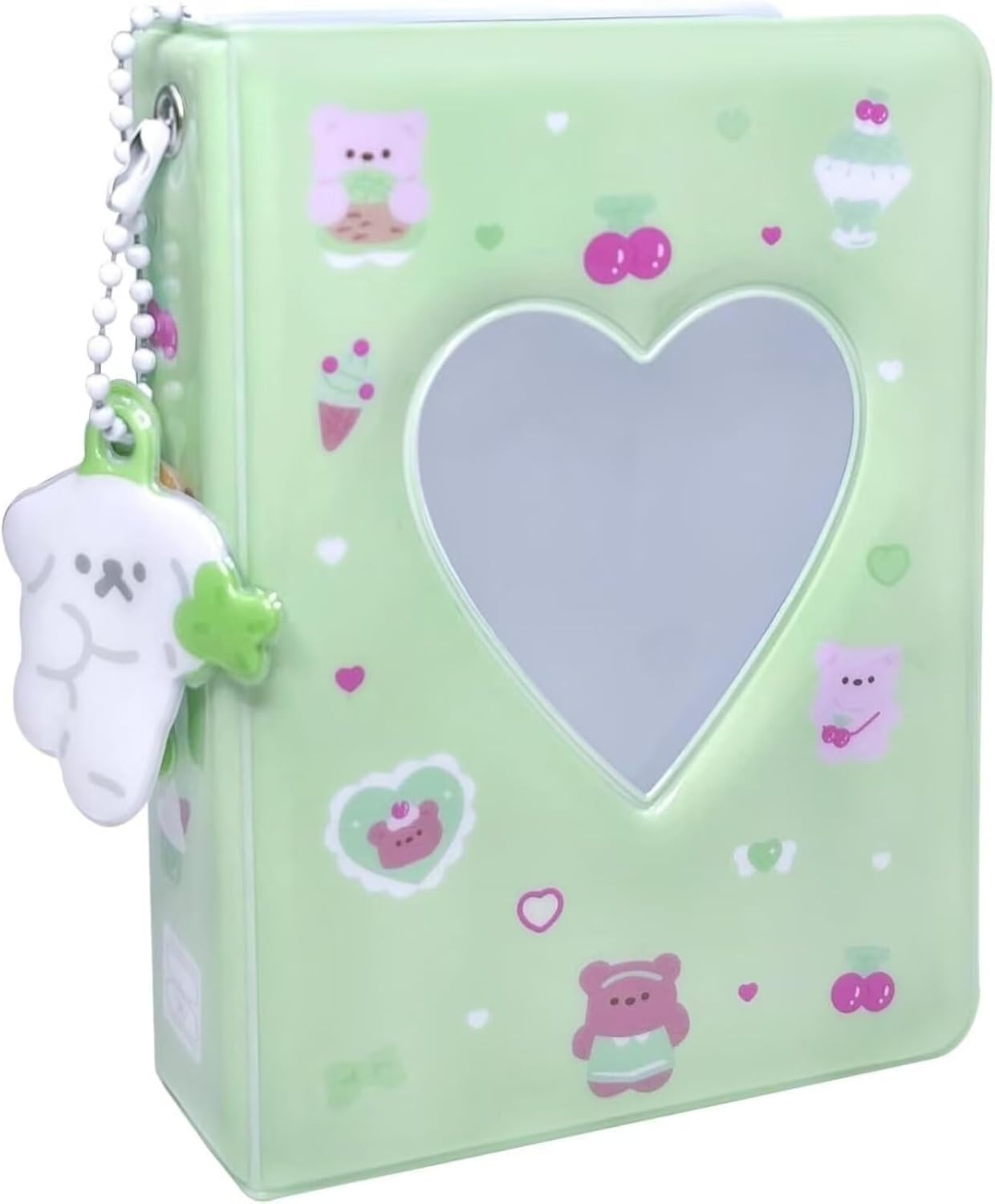 3 Inch Mini Photocard Album Kpop Photocard Binder, Catcan Photo Card Holder Book 40 Pockets with Pendant, Love Heart Hollow Out Photocard Binder for Collecting Picture, Green Bear