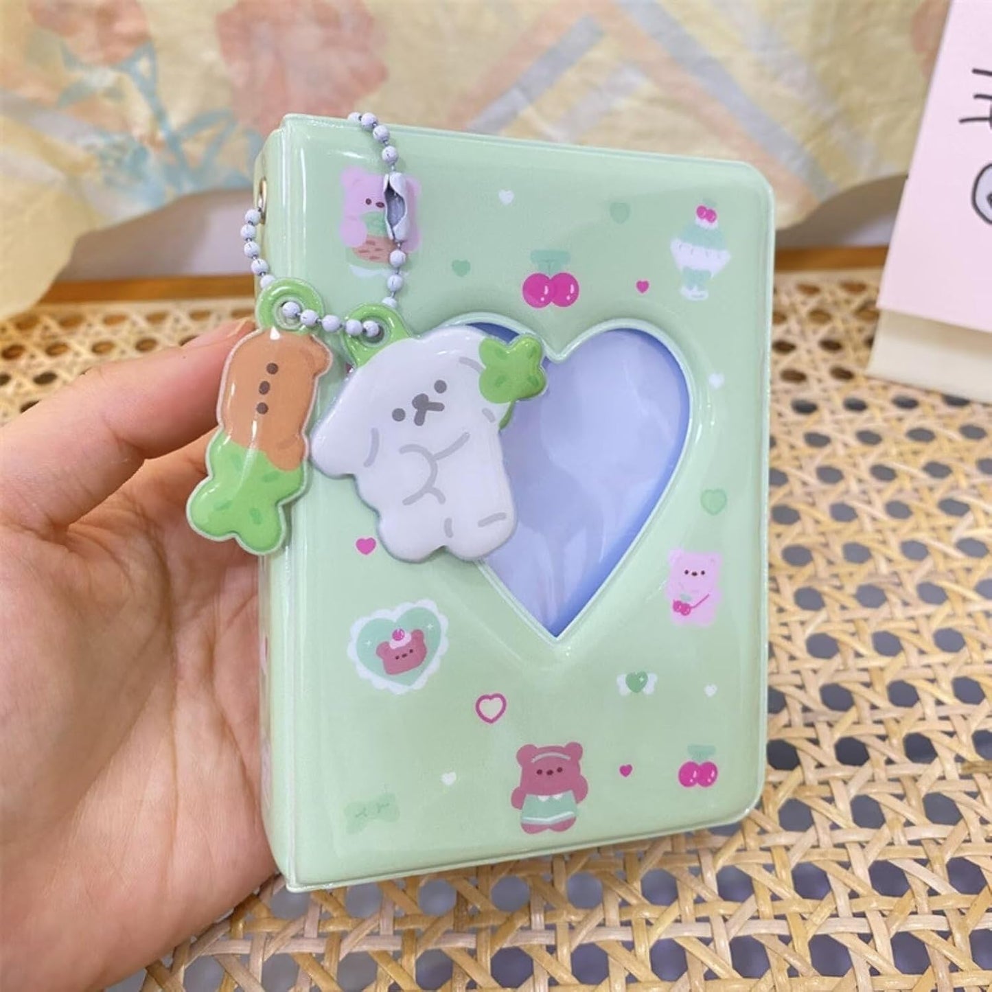 3 Inch Mini Photocard Album Kpop Photocard Binder, Catcan Photo Card Holder Book 40 Pockets with Pendant, Love Heart Hollow Out Photocard Binder for Collecting Picture, Green Bear
