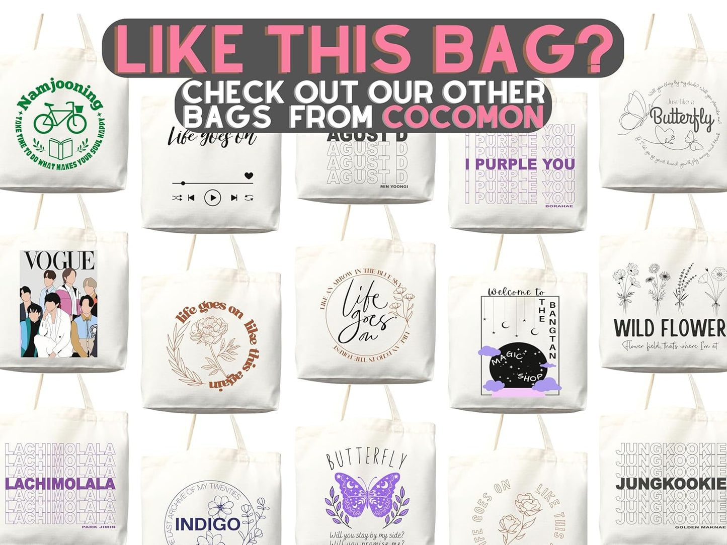 KPOP Tote Bag, KPOP Merch, KPOP tote, KPOP bag, kpop tote bag, Life goes on, kpop bag, kpop merch, love yourself, life goes on, Rm, Jimin, Jungkook, J-hope, Suga (Tote Bag Only)